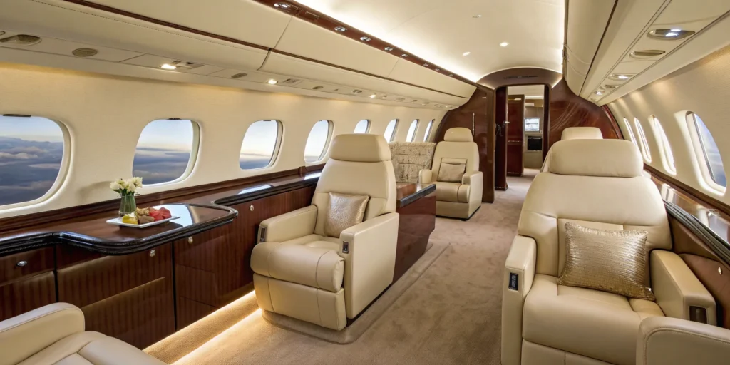 Private jet interior with plush leather seats and wood finishes.