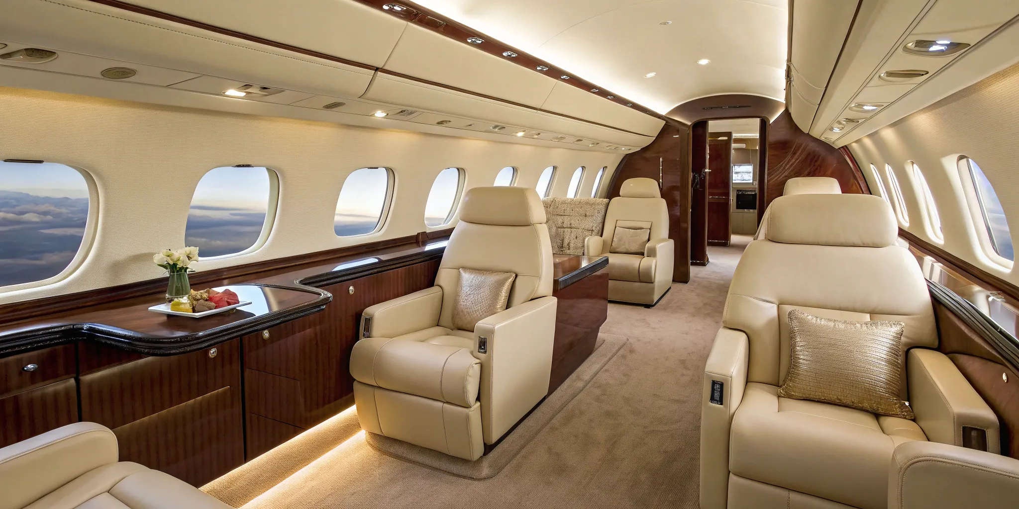 Private jet interior with plush leather seats and wood finishes.