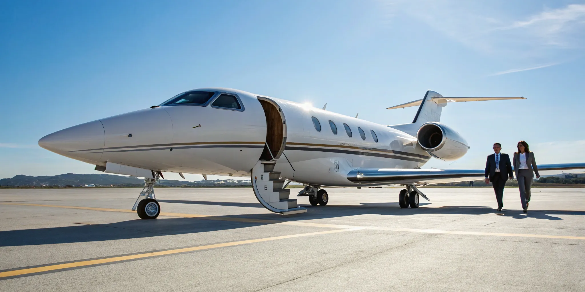 Private jet and passengers on tarmac.