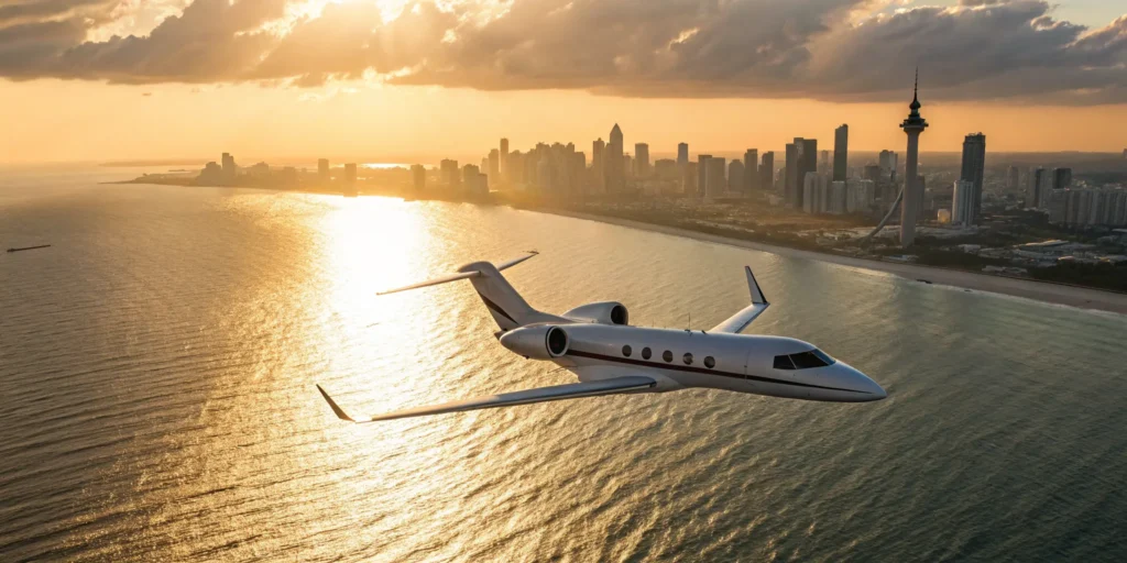 Private jet soaring over Miami's coastline.