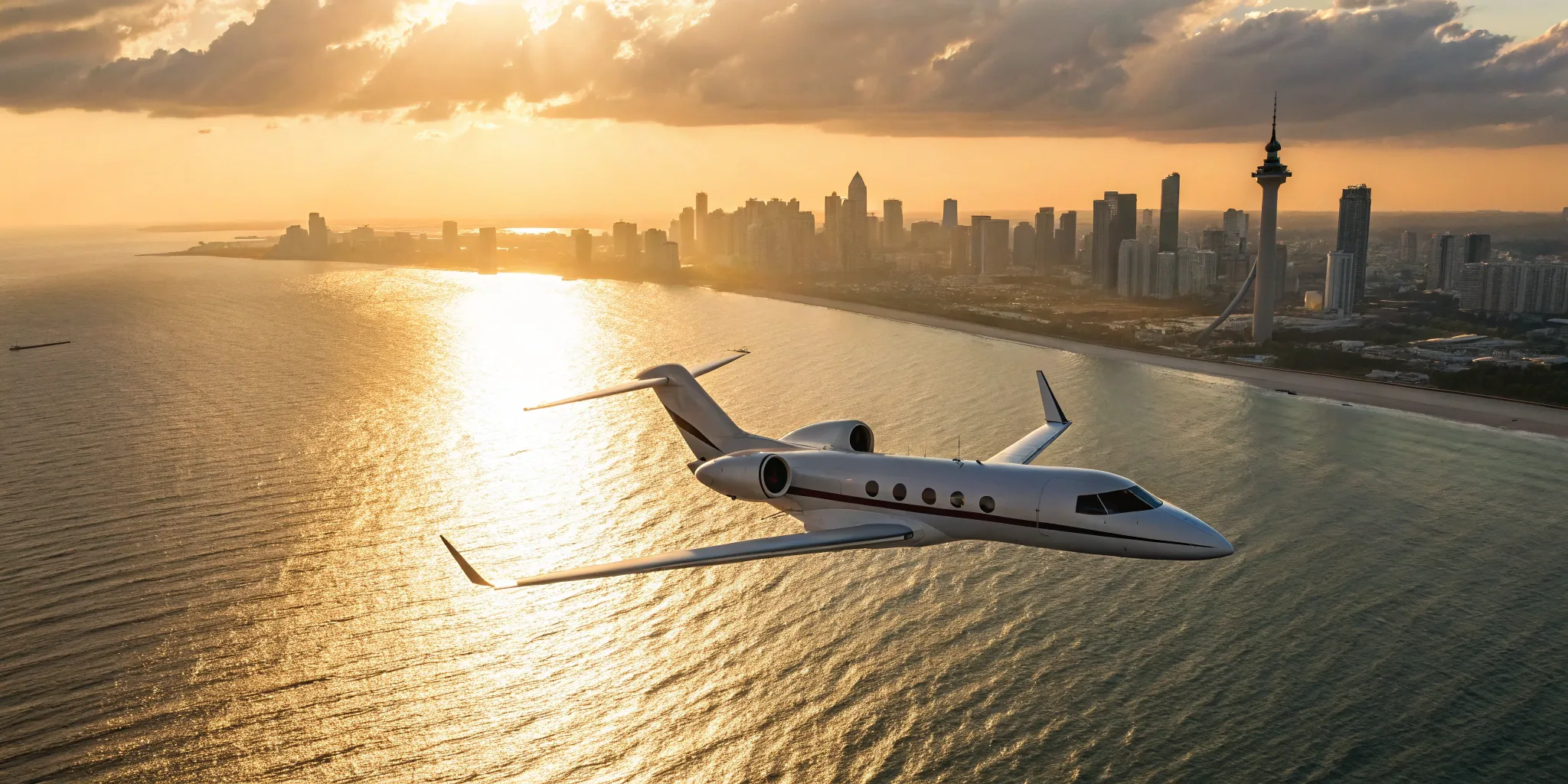 Private jet soaring over Miami's coastline.