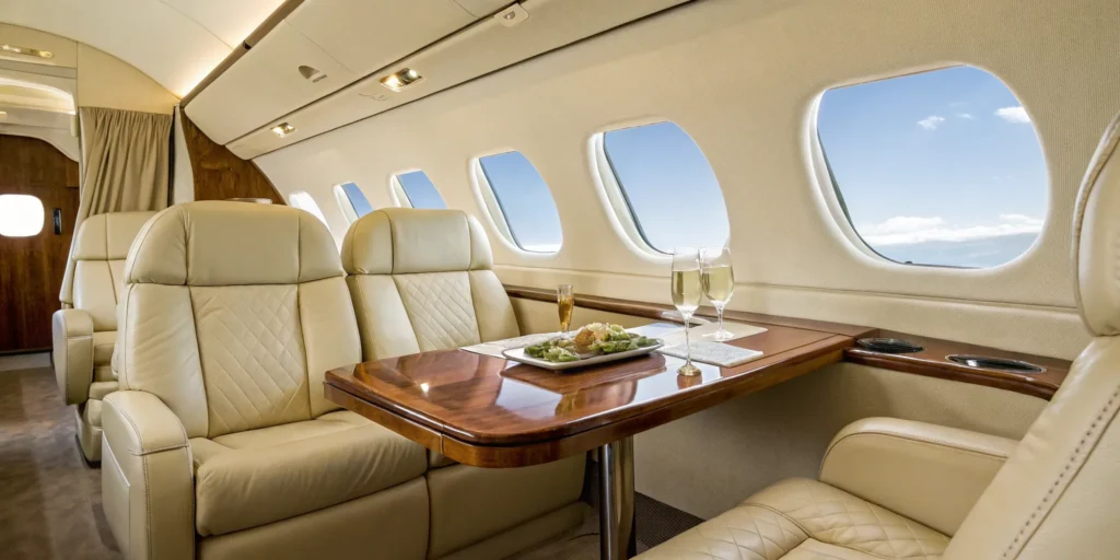 Private plane interior with plush seating and dining area.