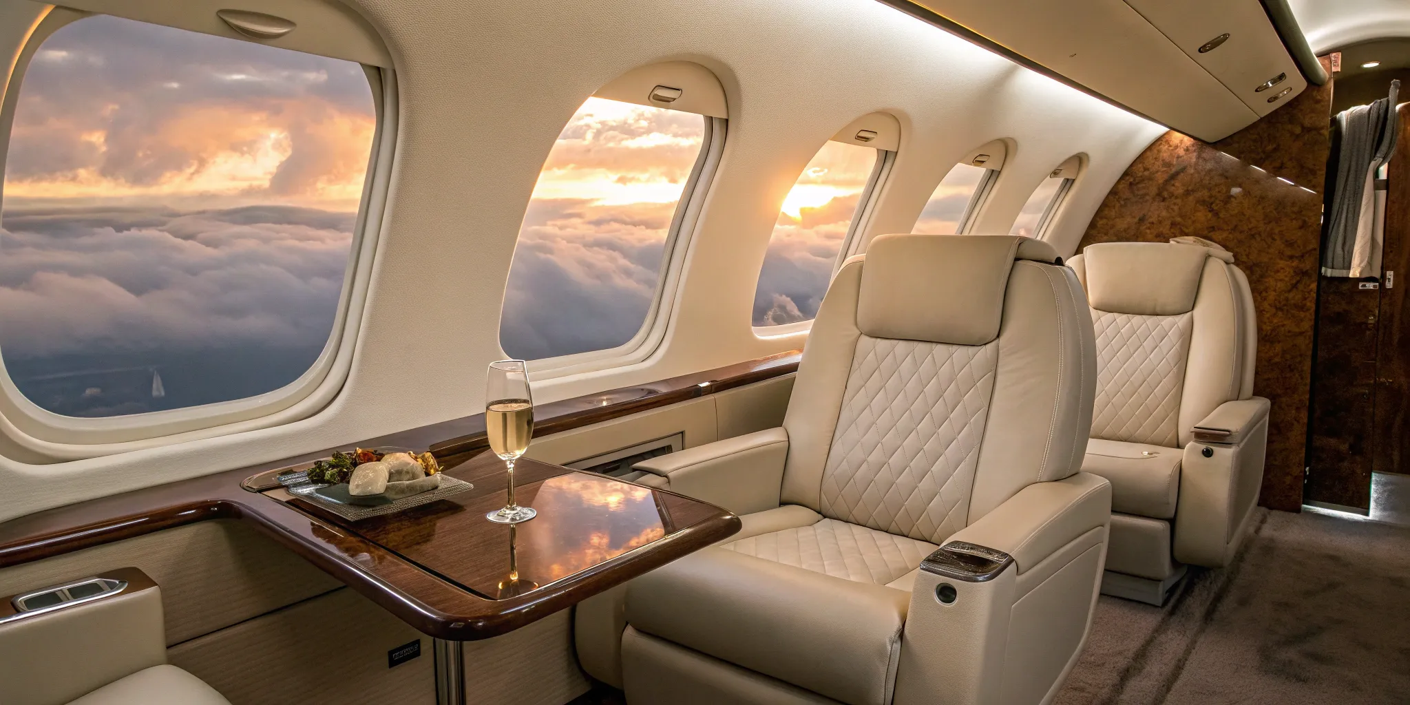 Private jet charter flight interior with comfortable seating.