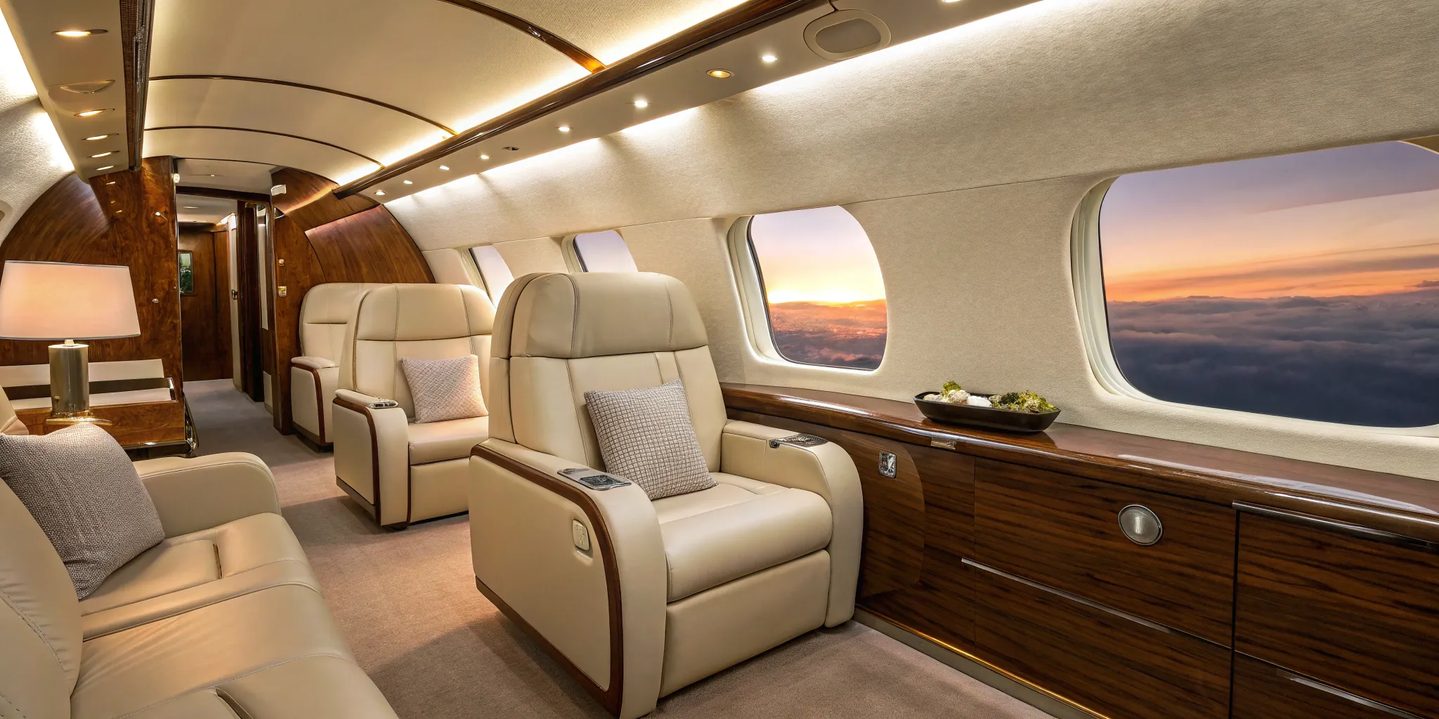 Private jet cabin with leather seats and wood accents.