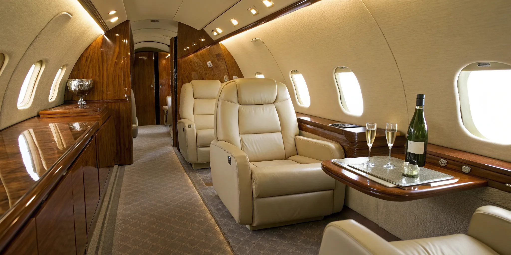 Good private jet interior with leather seats and champagne.