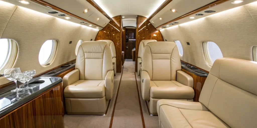 Private jet with plush leather seats.