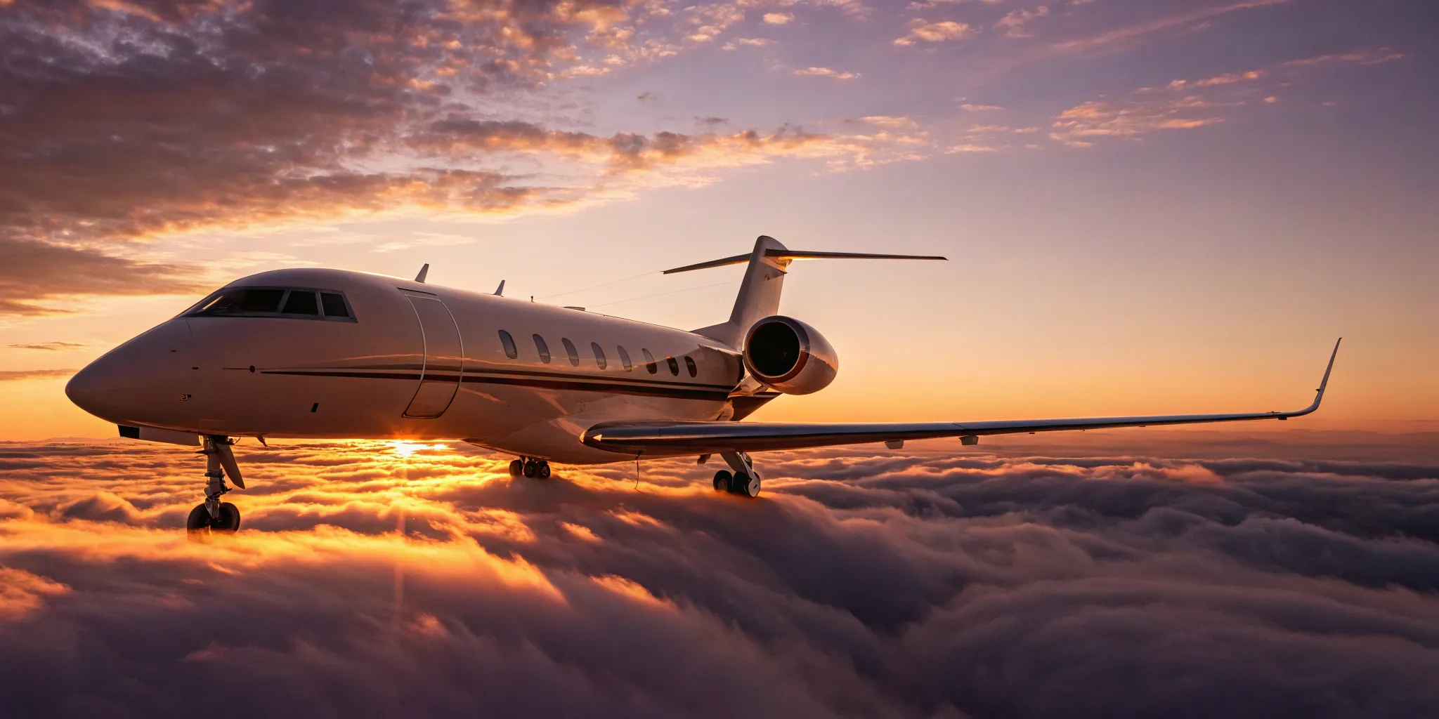 Cheap private jet soaring above the clouds.