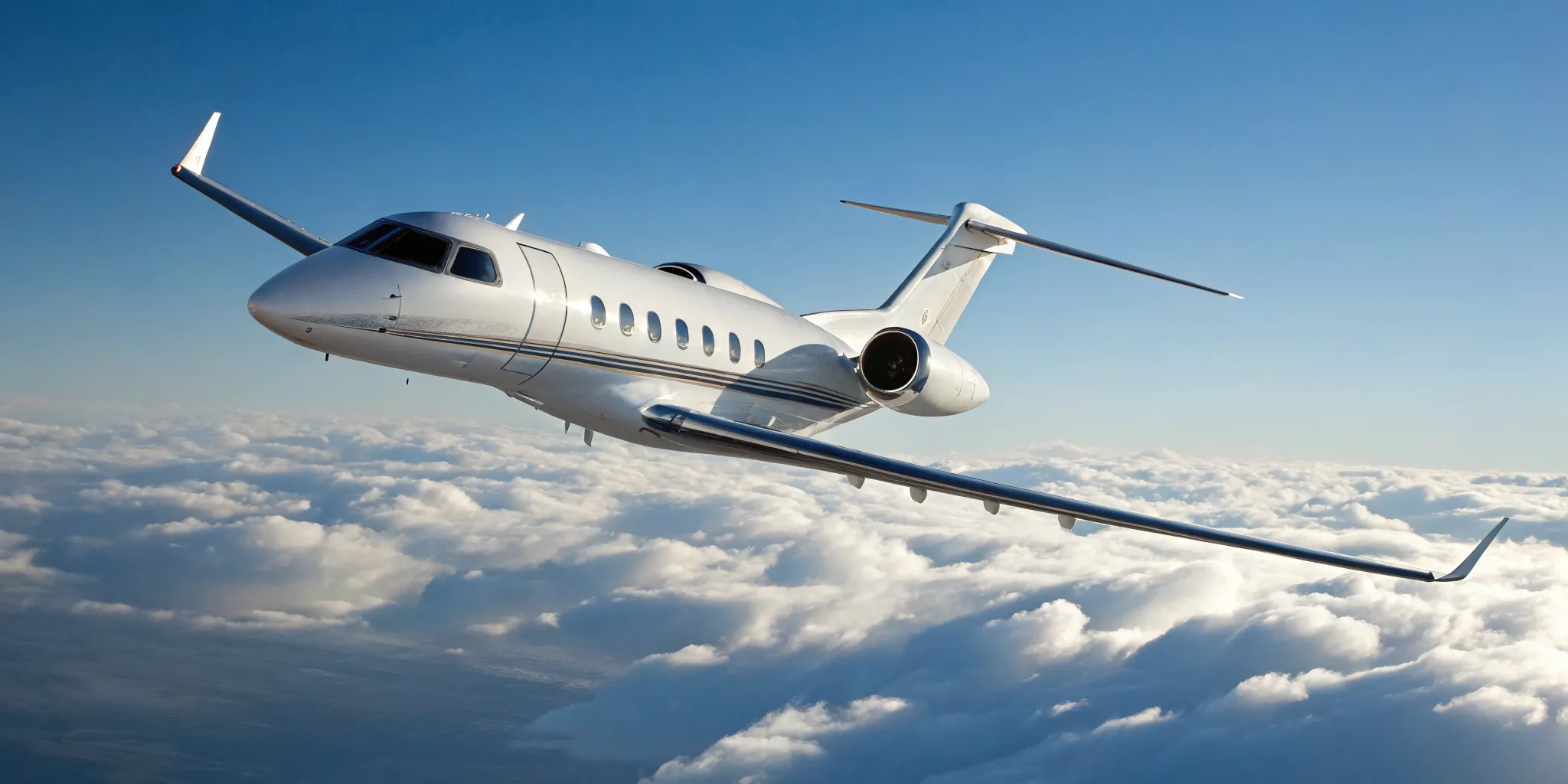 Private jet soaring above the clouds.