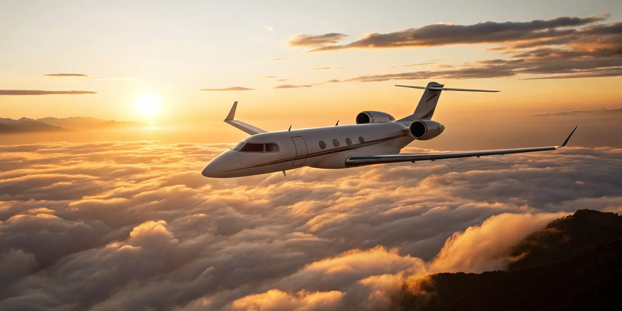 Private jet soaring above the clouds.