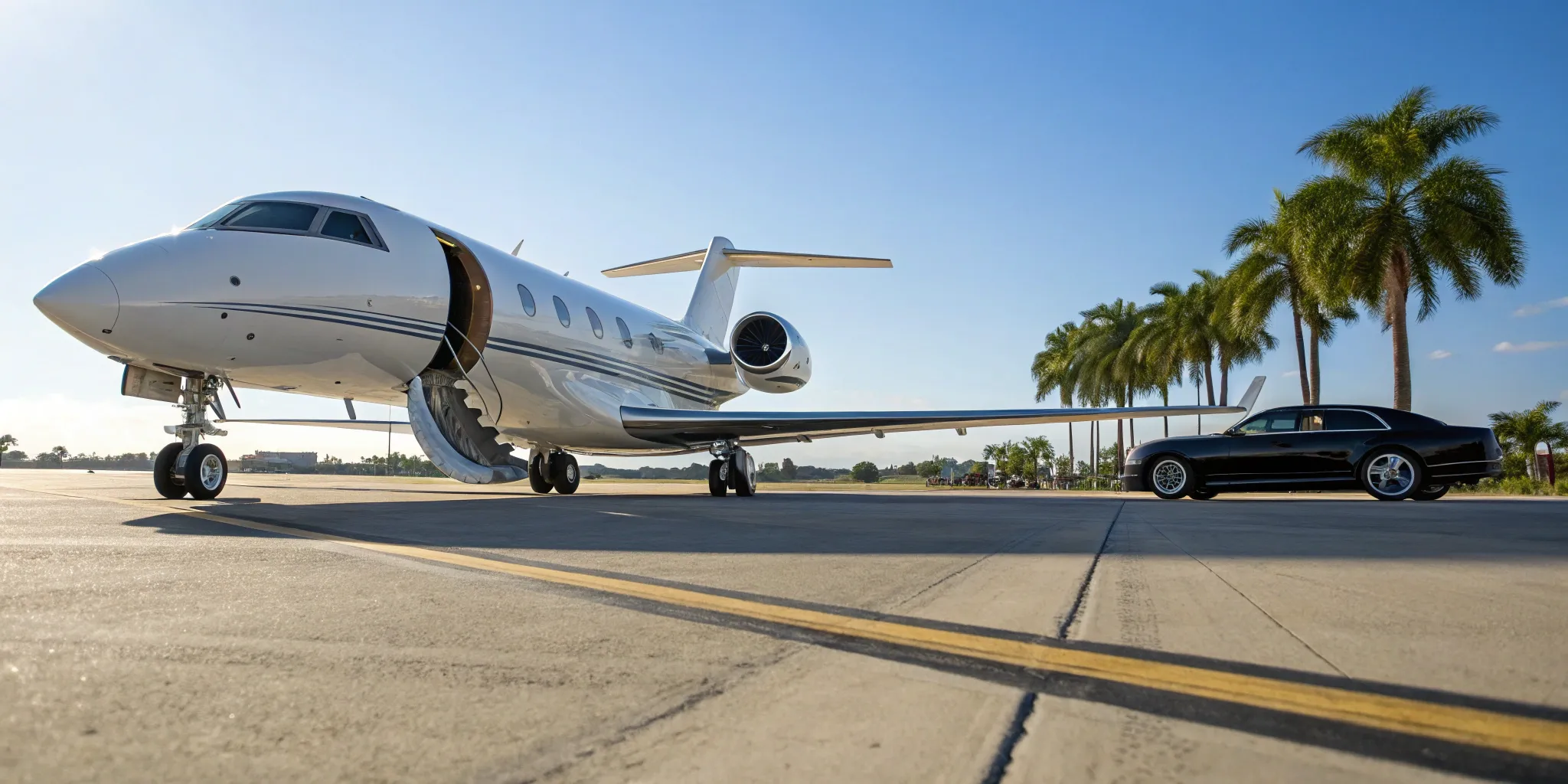 Private jet and luxury car on tarmac. Affordable private jet travel.