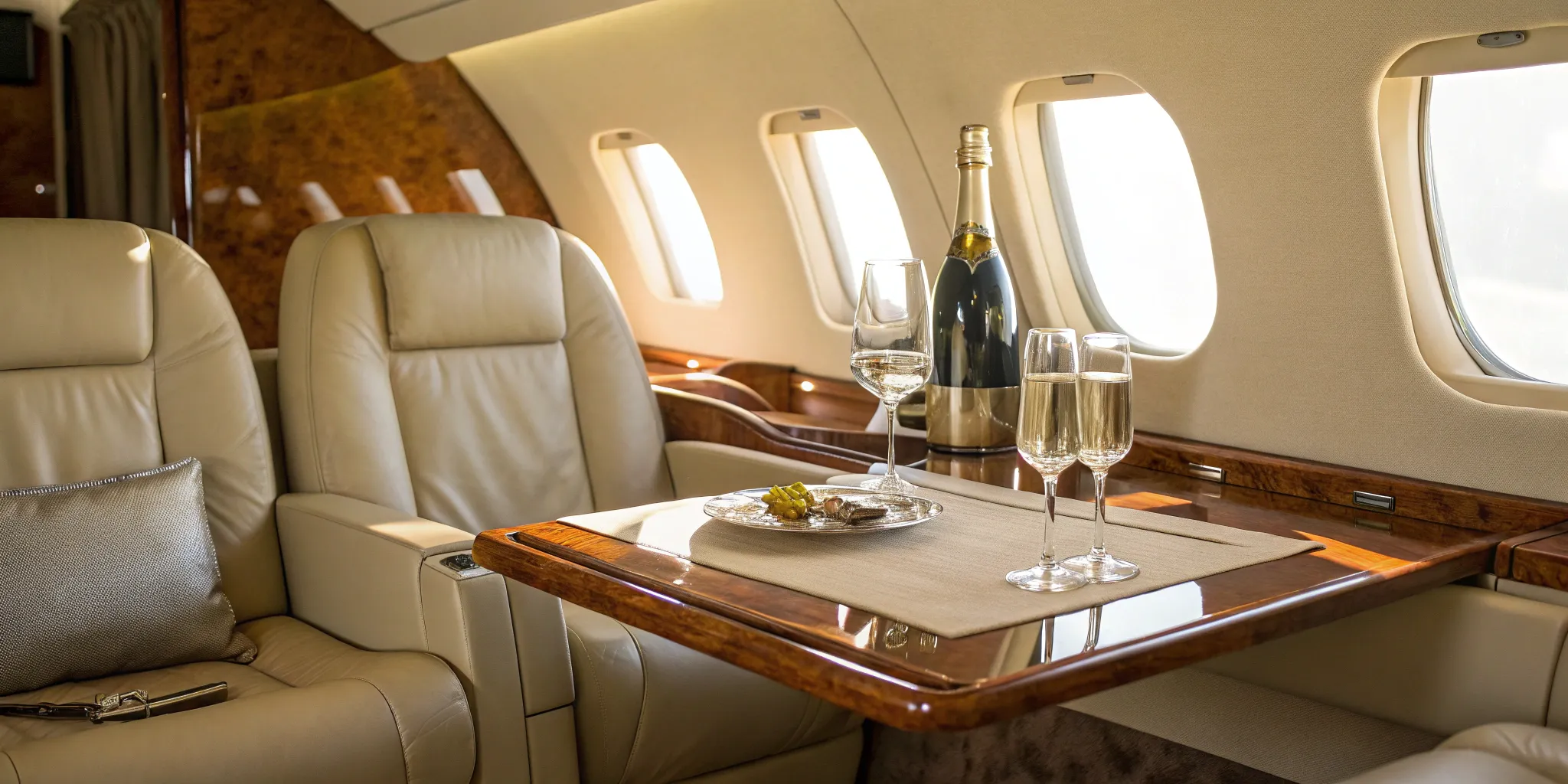 Private jet interior with champagne flutes.