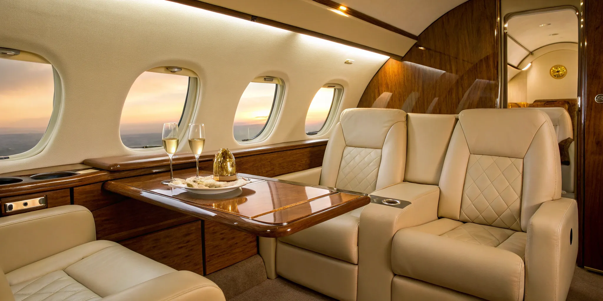 Private jet cabin with leather seats and table.