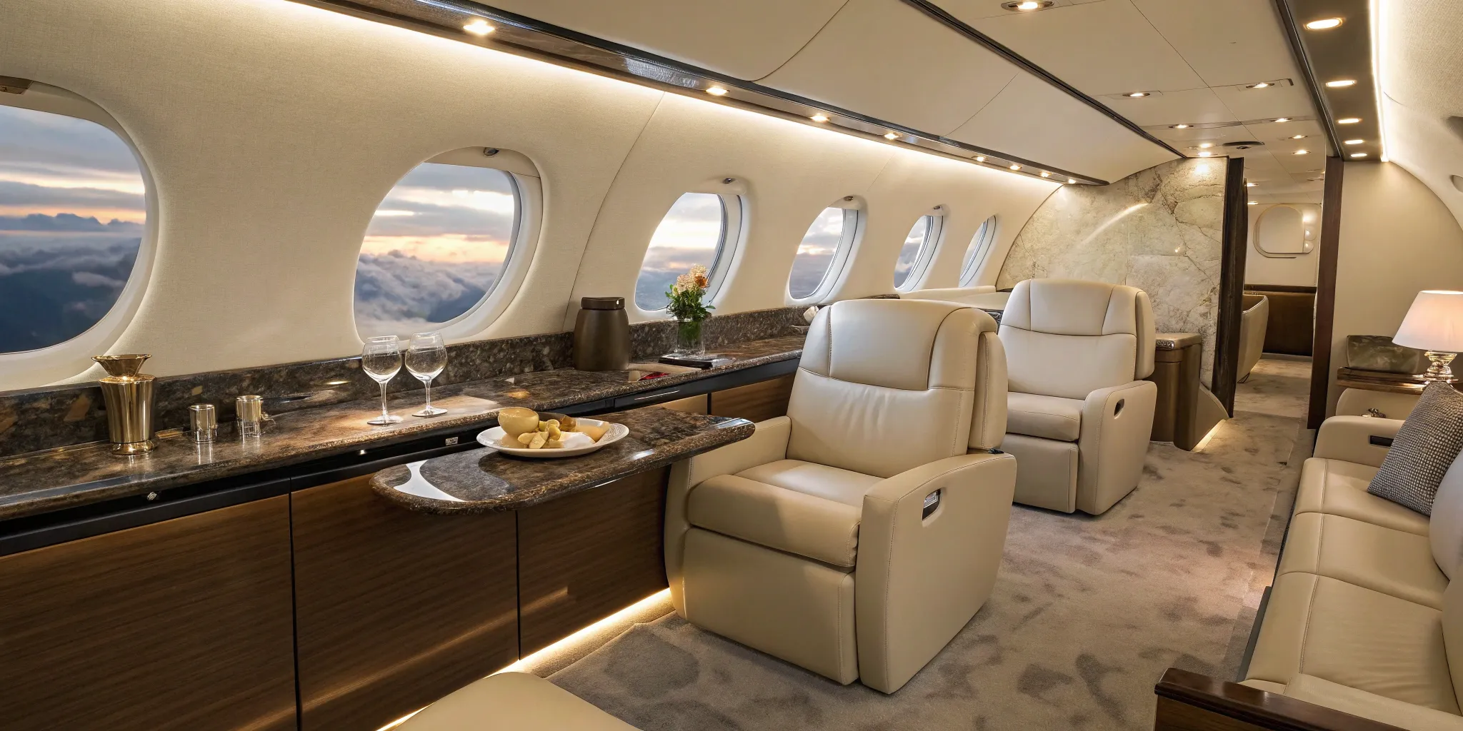 Private jet's plush interior.