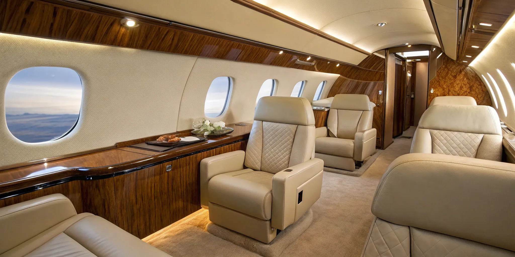 Private jet rental: Plush leather seats offer comfort and exclusivity.