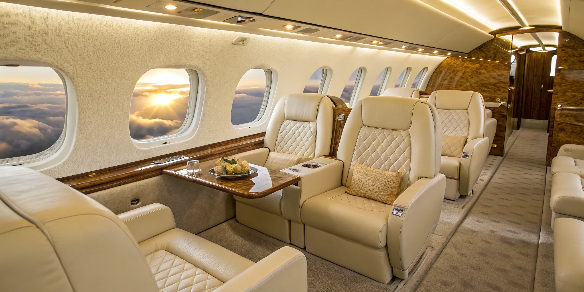 Private jet seating offers plush leather and wood finishes.