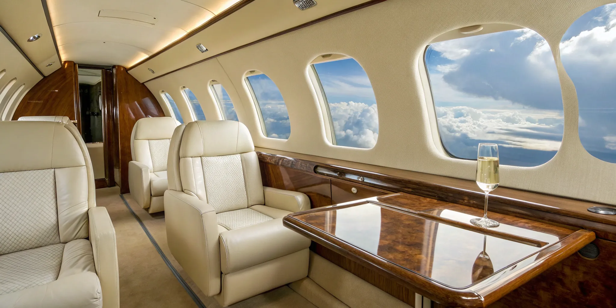Private jet cabin with champagne, symbolizing luxury charter flight experience.