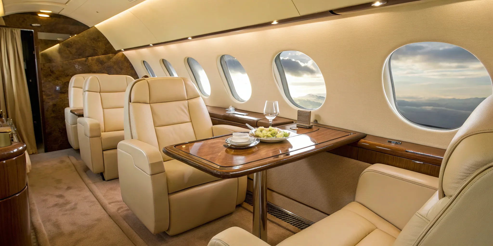 Corporate private jet interior with plush seating.