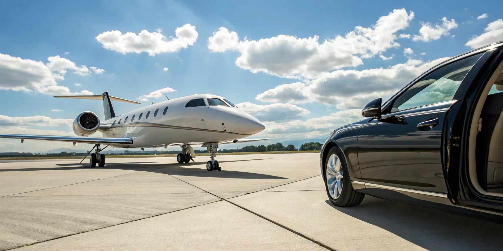 Corporate jet and luxury car on tarmac.